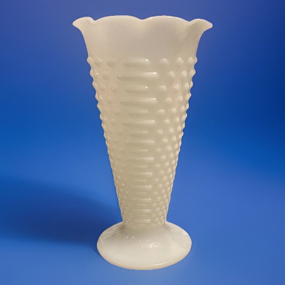 Milk Glass Hobnail Vase Tall Pedestal Ruffled Rim Vintage 9 Inch